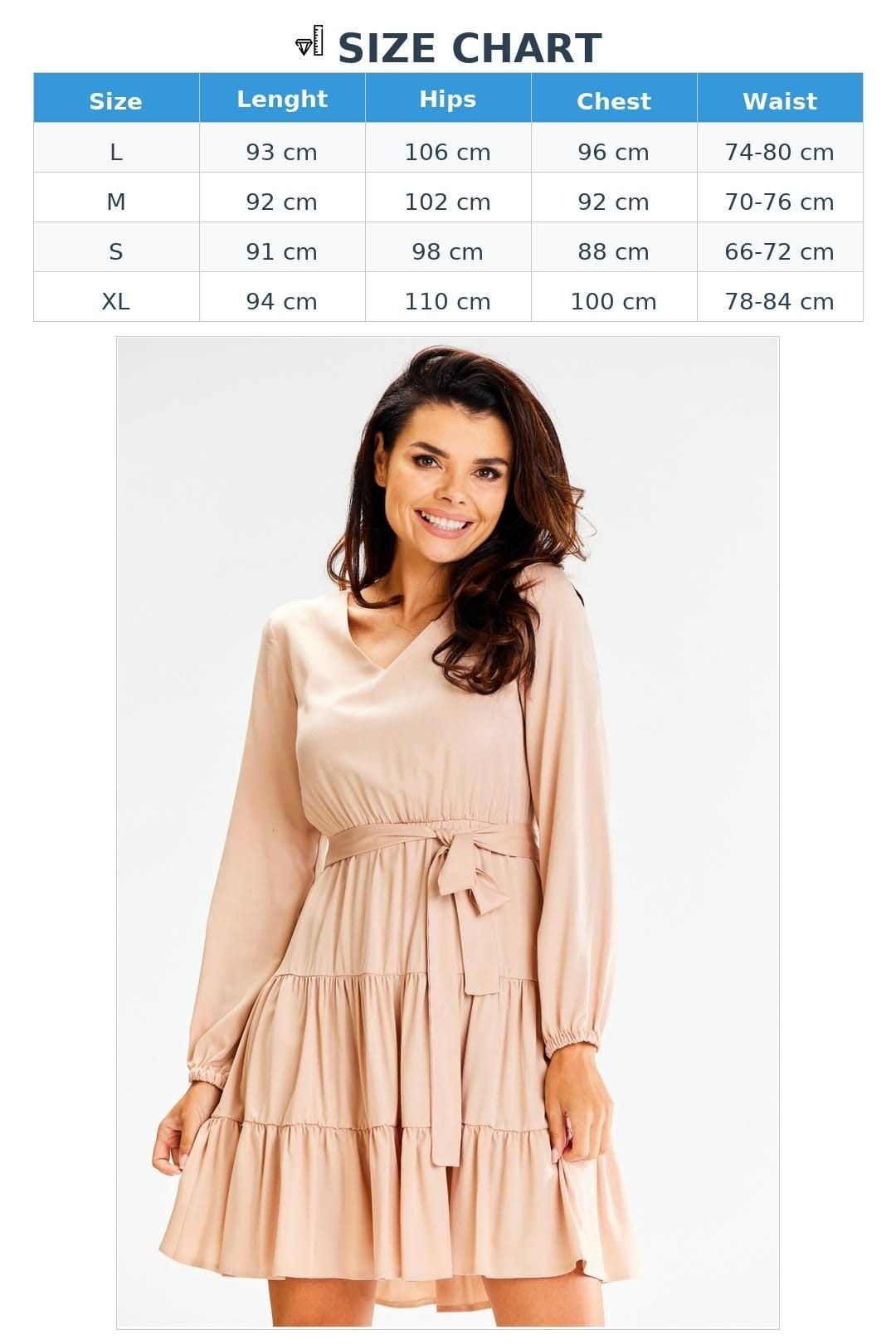 Love Lace Love Lace Women's Long Sleeve Ruffle Flared Dress Elastic Waist Belt in Beige - 4