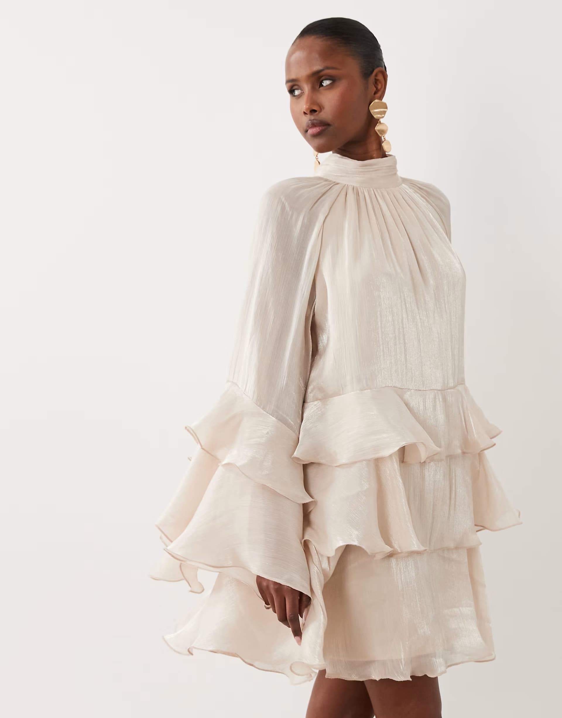 ASOS Gina Tricot flowy frill mini dress in light gold