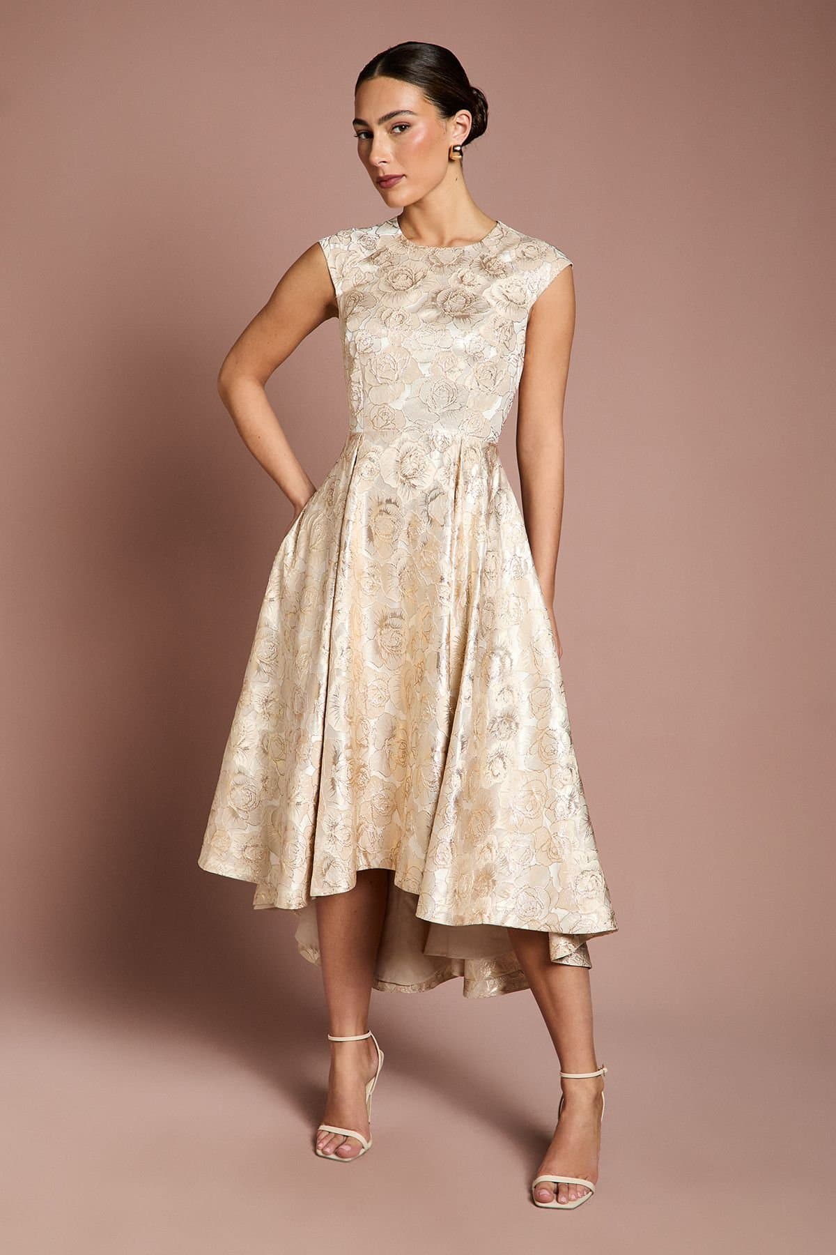 Coast Coast Women's Cap Sleeve High Low Jacquard Midi Dress in Champagne