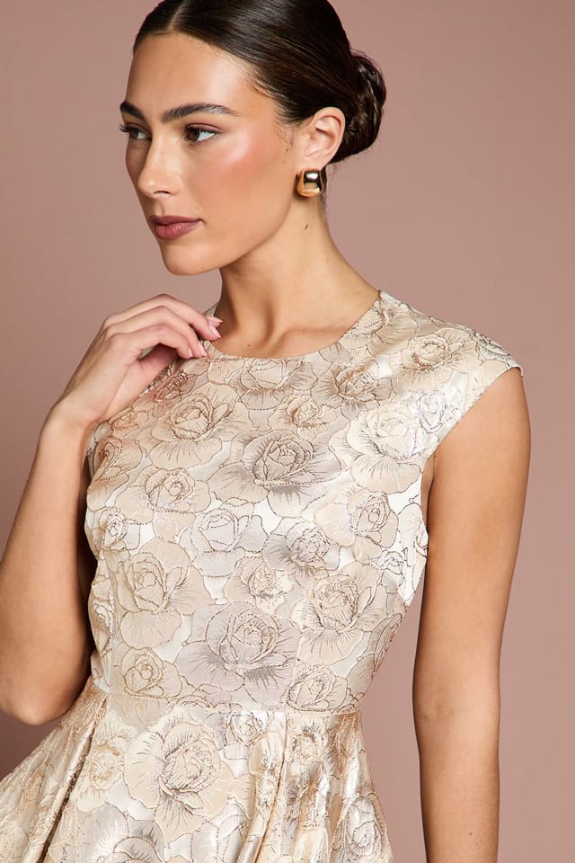 Coast Coast Women's Cap Sleeve High Low Jacquard Midi Dress in Champagne - 2