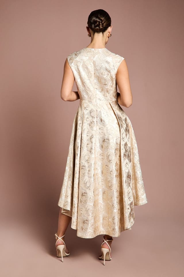 Coast Coast Women's Cap Sleeve High Low Jacquard Midi Dress in Champagne - 3