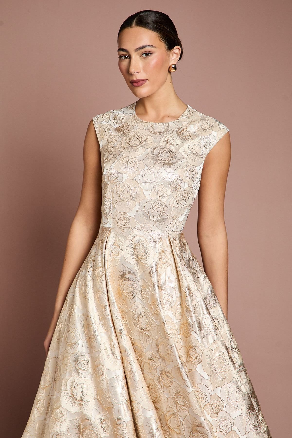 Coast Coast Women's Cap Sleeve High Low Jacquard Midi Dress in Champagne - 4