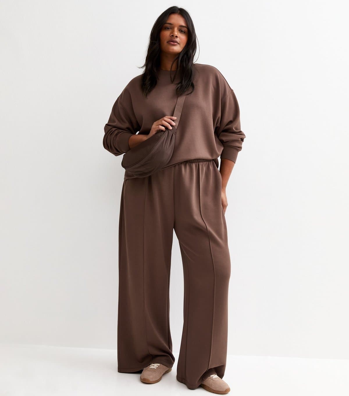 New Look Women's Plus Size Premium Dark Brown Wide Leg Joggers Curves New Look