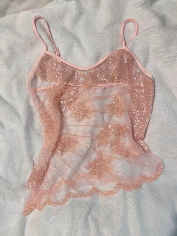 Fairy Y2k pink butterfly beaded sheer cami top 8 10