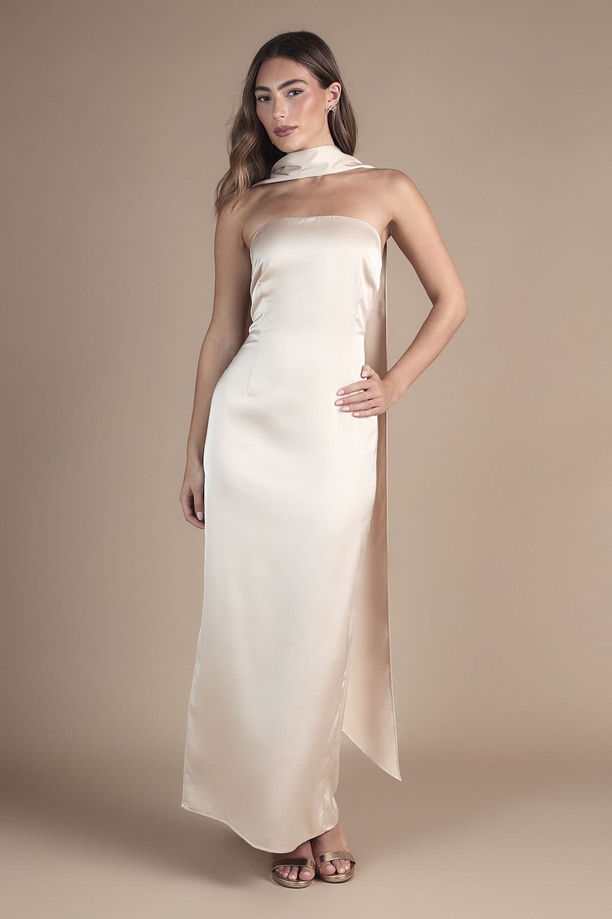 Oasis Oasis Women's Bandeau Satin Maxi Wedding Dress With Scarf in Champagne
