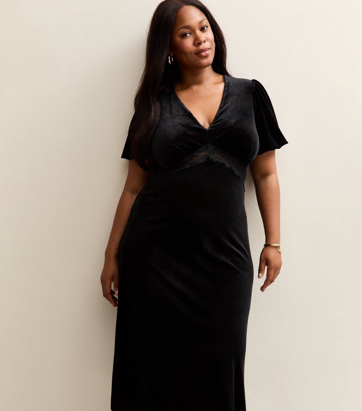 New Look Women's Plus Size Black Lace Velvet Midi Dress Curves New Look