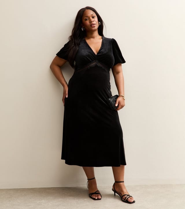 New Look Women's Plus Size Black Lace Velvet Midi Dress Curves New Look - 3
