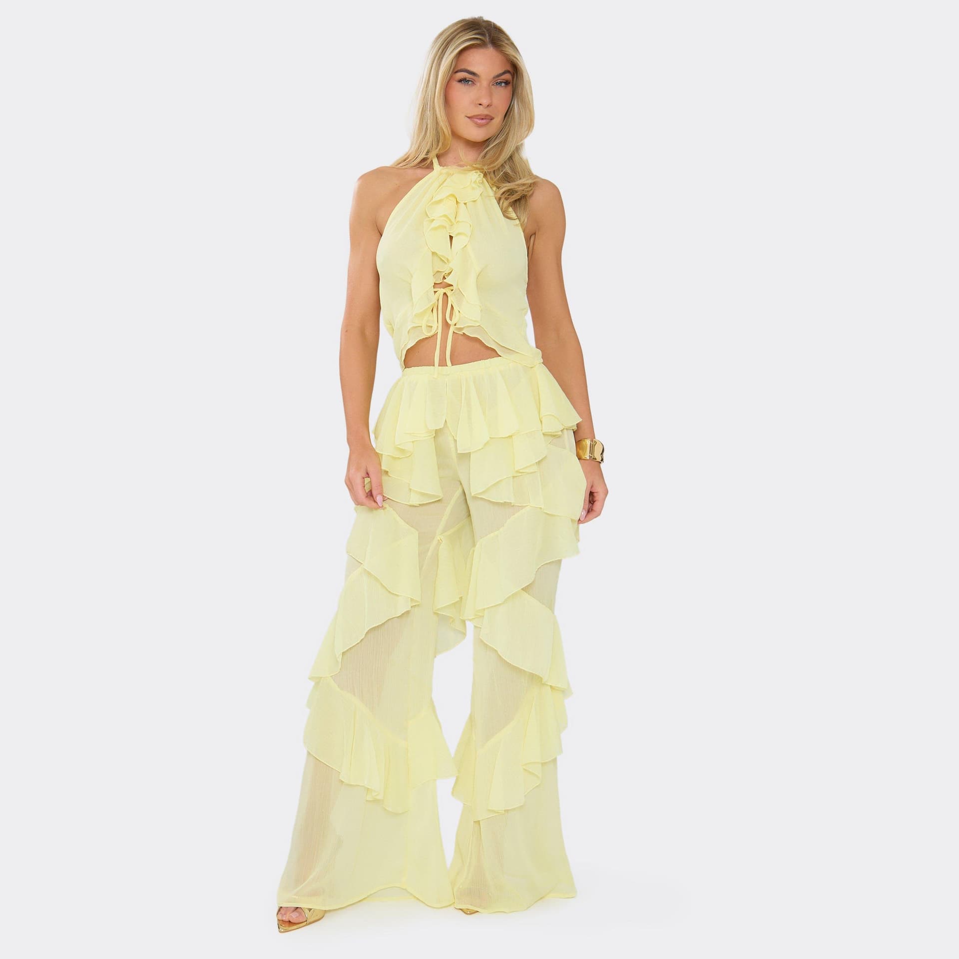 EGO Frilled Layered Detail Trousers In Lemon, Women's Size UK 6