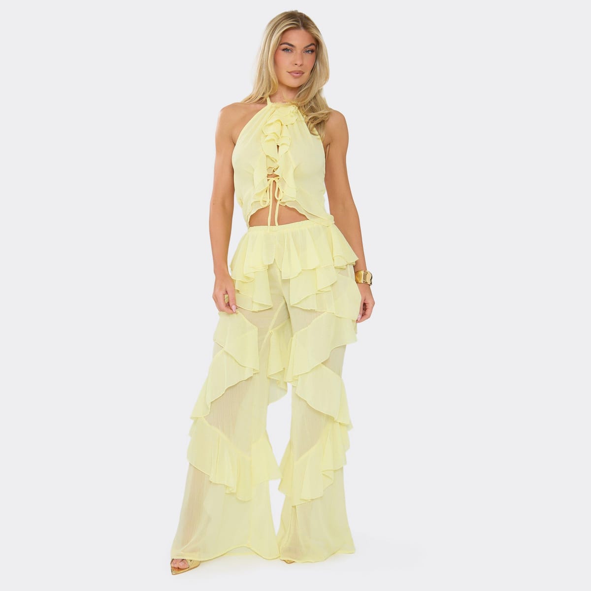 EGO Frilled Layered Detail Trousers In Lemon, Women's Size UK 6 - 1
