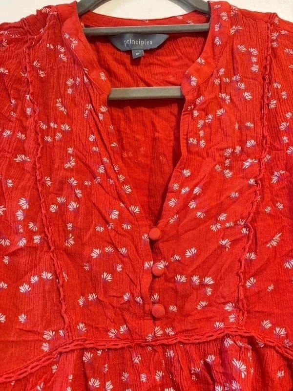 Principles red lace trim blouse white floral 8 10 - 1