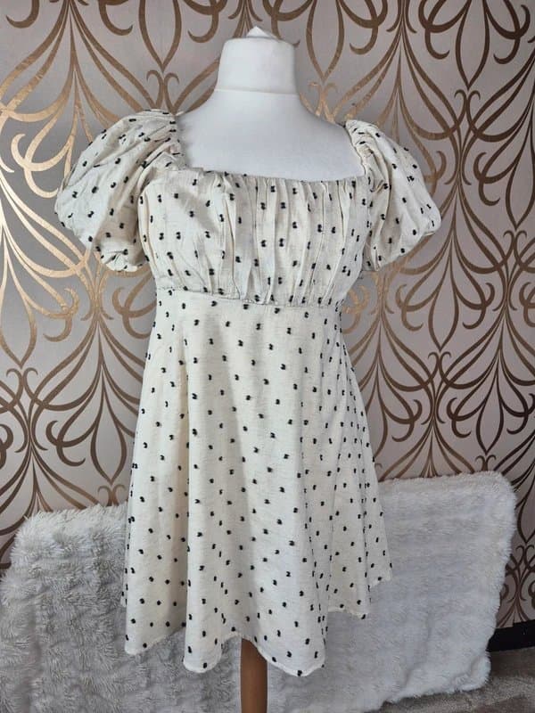 Next Next Linen Mix puffball sleeve milk maid shirred ecru polka dot dress size 16
