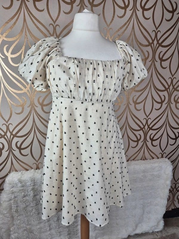Next Linen Mix puffball sleeve milk maid shirred ecru polka dot dress size 16