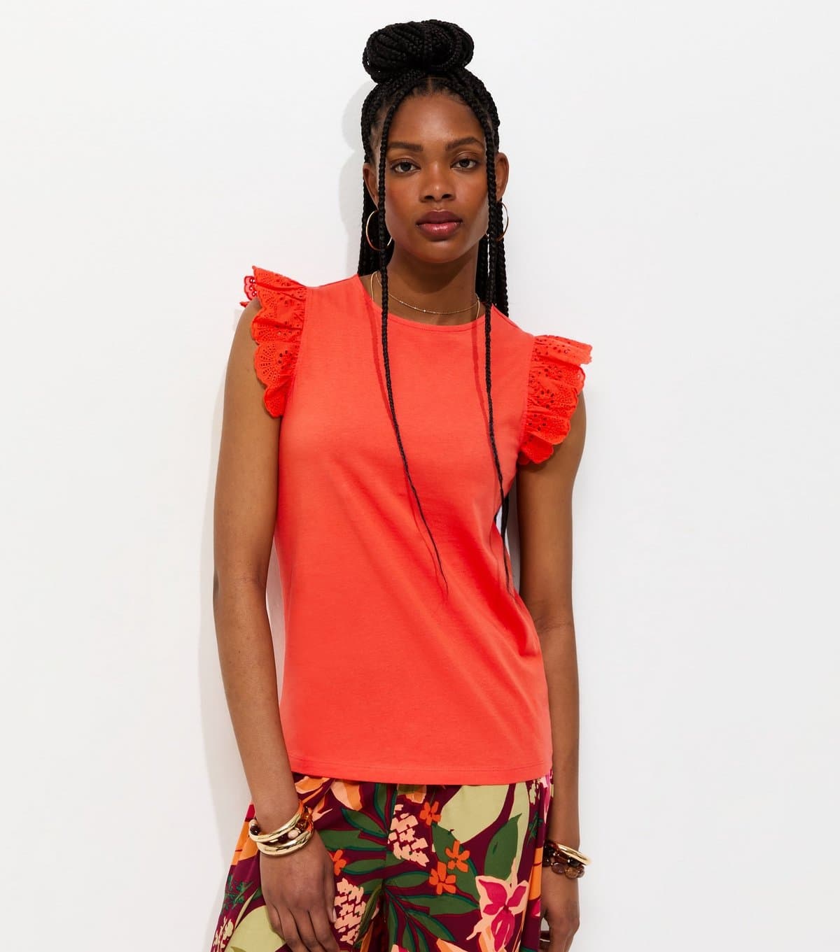 New Look Women's Bright Orange Broderie Frill Sleeve Top New Look