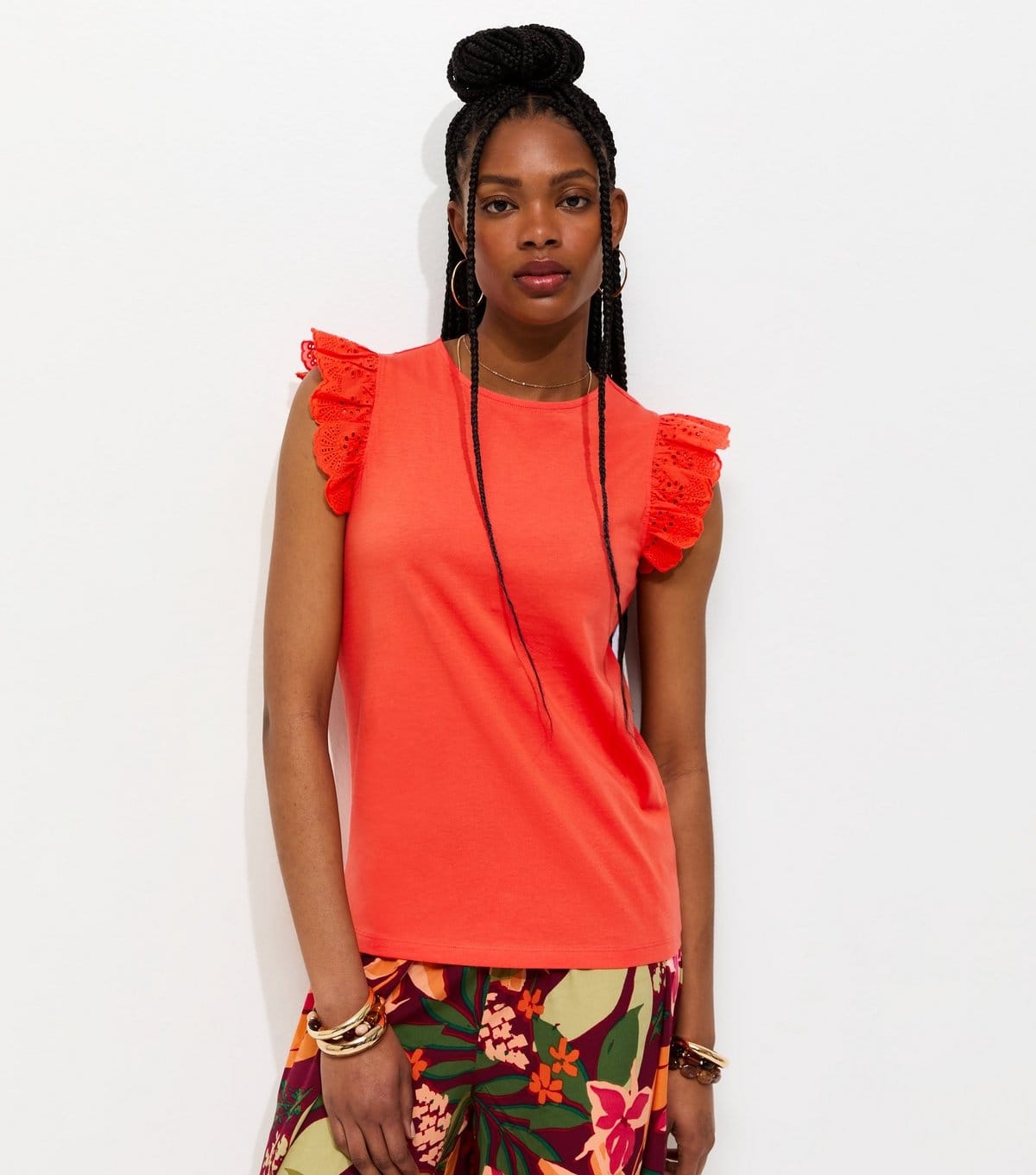 New Look Bright Orange Broderie Frill Sleeve Top