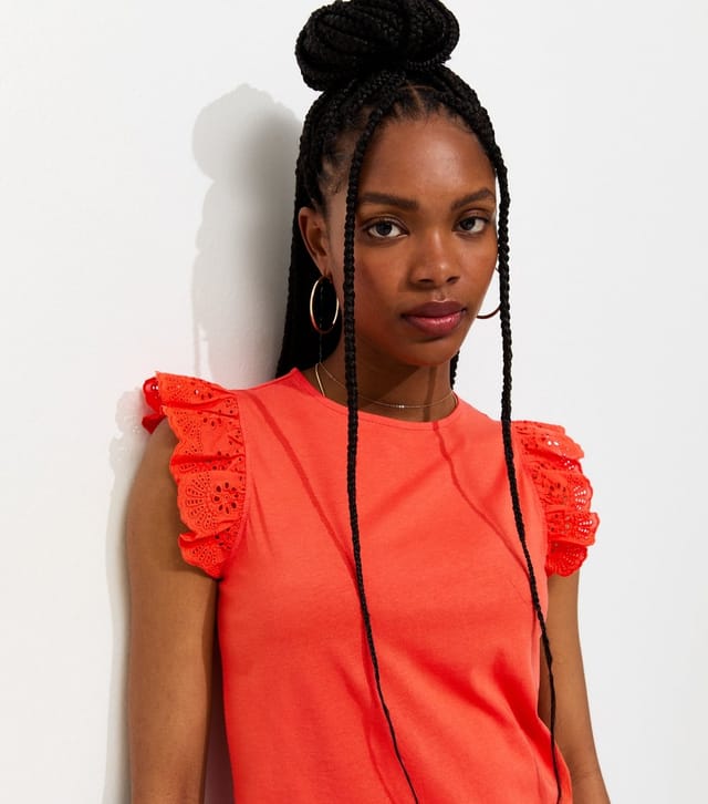 New Look Women's Bright Orange Broderie Frill Sleeve Top New Look - 2