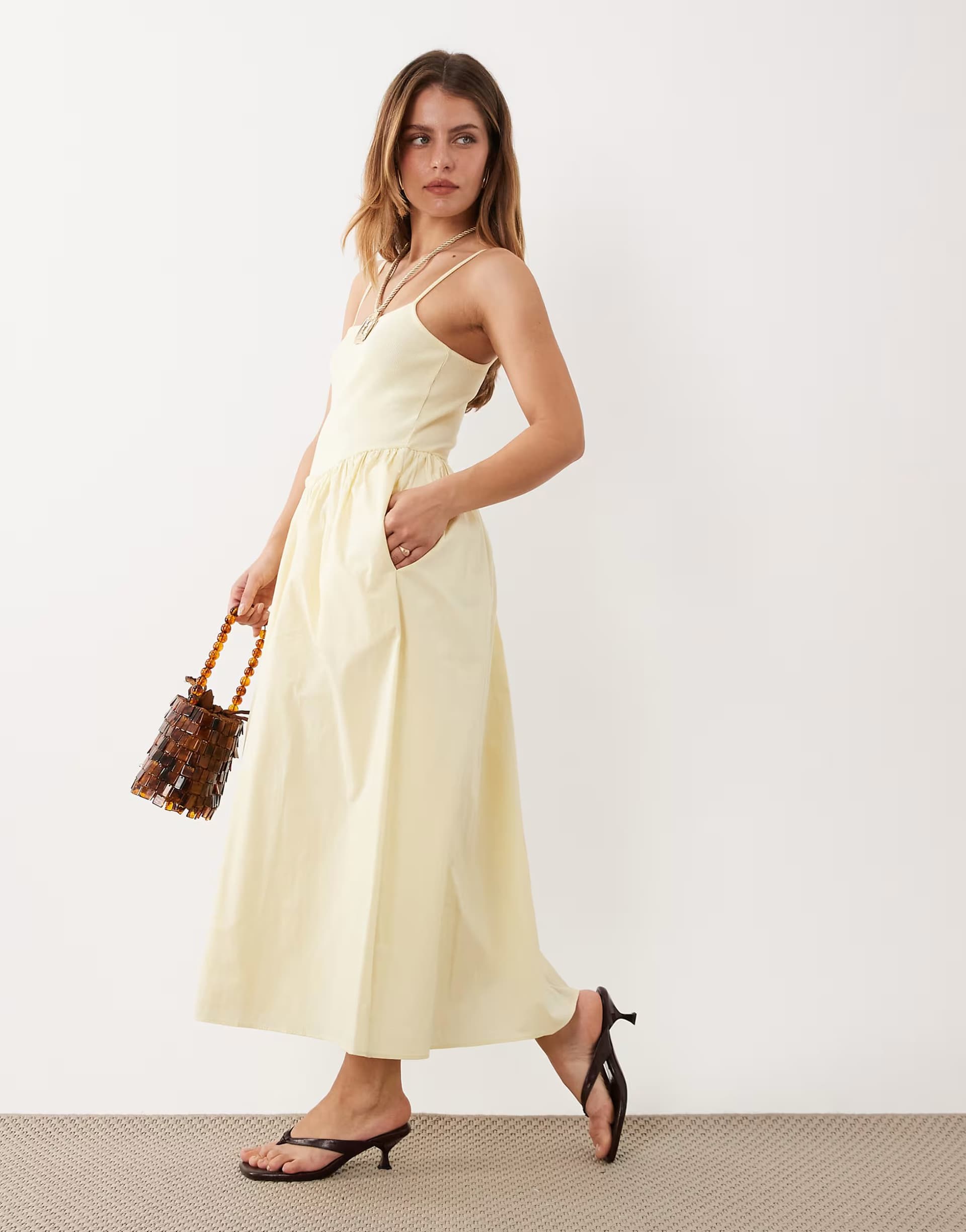 ASOS Nobody's Child Petite Madelyn ribbed bodice ruched skirt cami midi dress in yellow
