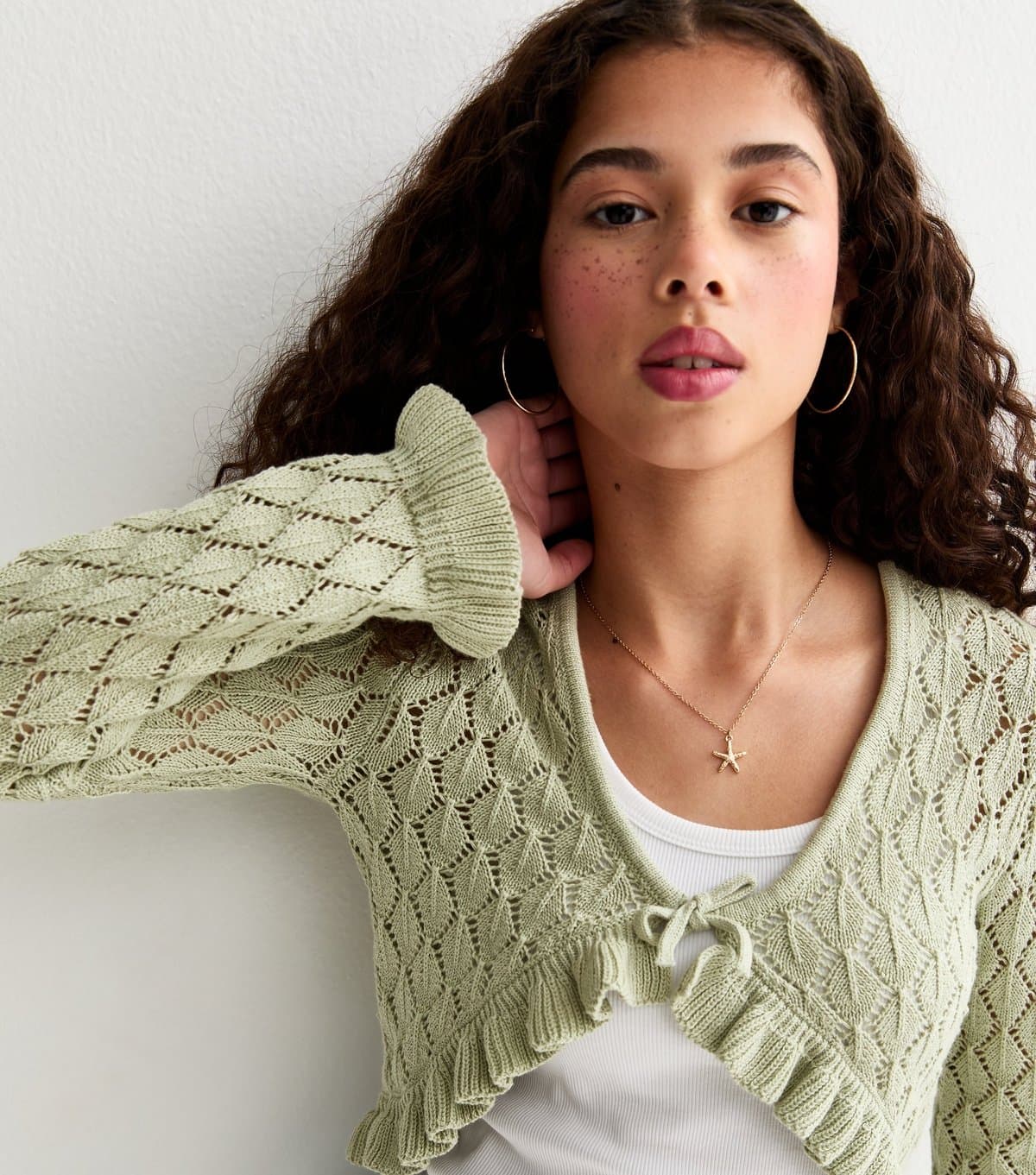 New Look Girls' Light Khaki Ruffled Crochet Cardigan New Look