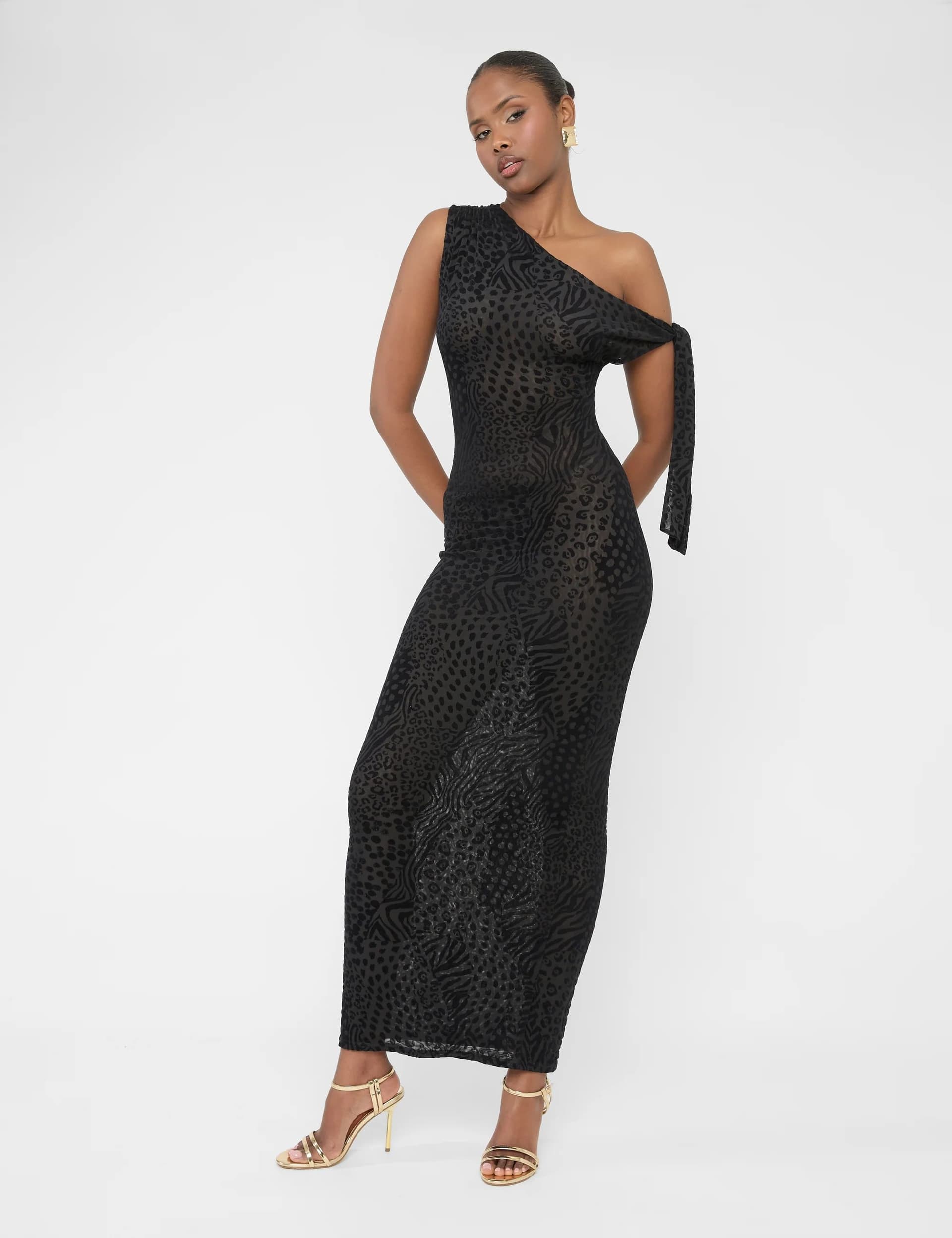 Public Desire Knot Detail Asymmetric One Shoulder Maxi Dress Devore Leopard Black