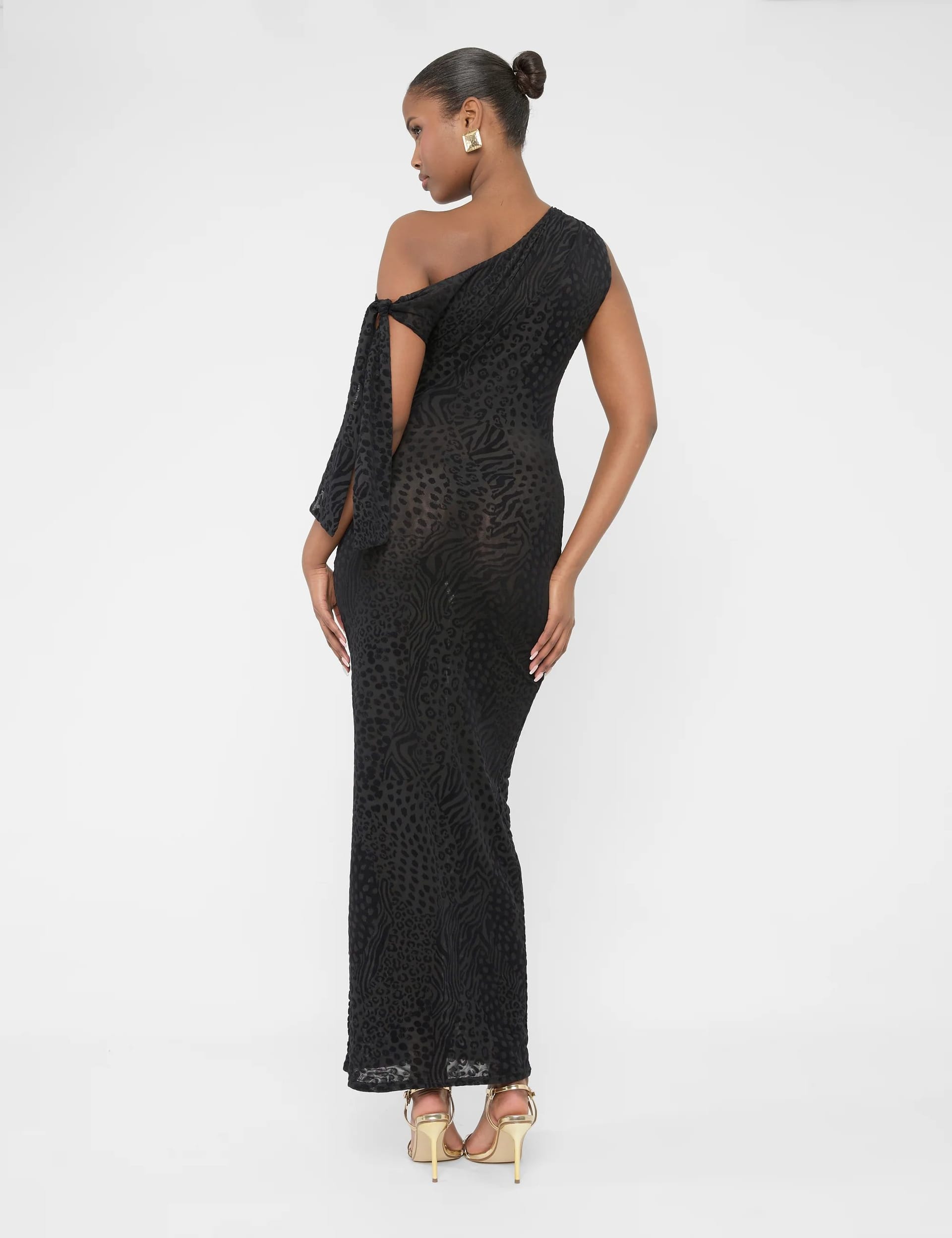 Public Desire Knot Detail Asymmetric One Shoulder Maxi Dress Devore Leopard Black - 4