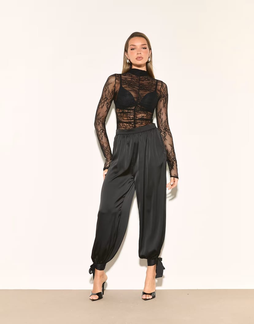 ASOS Noughts & Kisses satin balloon leg tie detail trouser in black - 1