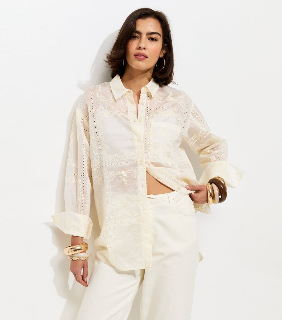 New Look Women's Cream Embroidered Patchwork Shirt New Look - 1
