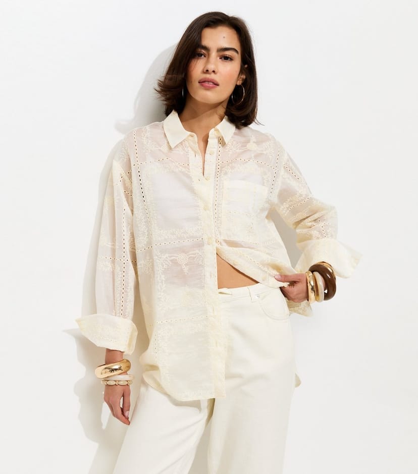 New Look Women's Cream Embroidered Patchwork Shirt New Look - 1