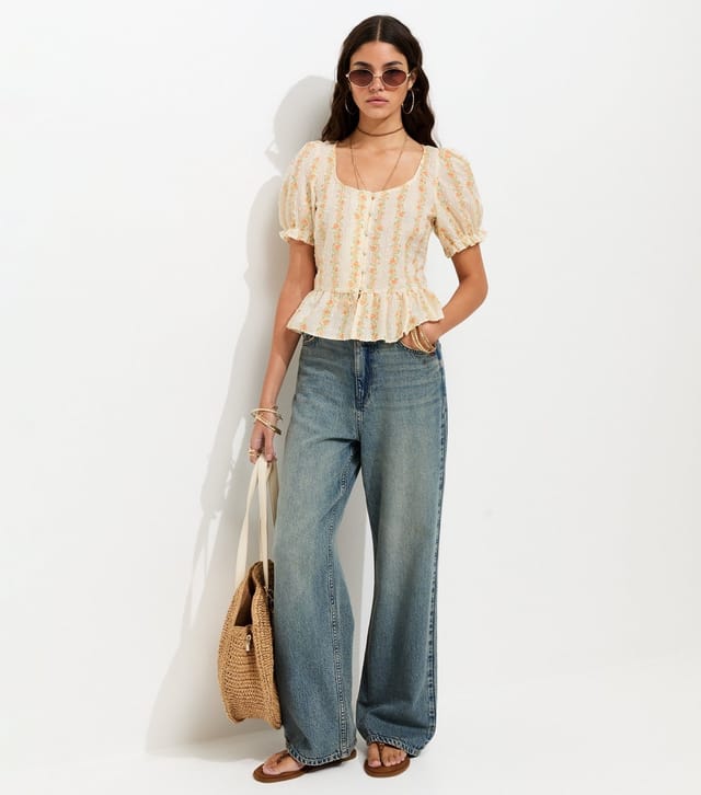 New Look Women's Cream Stripe Ditsy Floral Button Front Tea Blouse New Look - 3