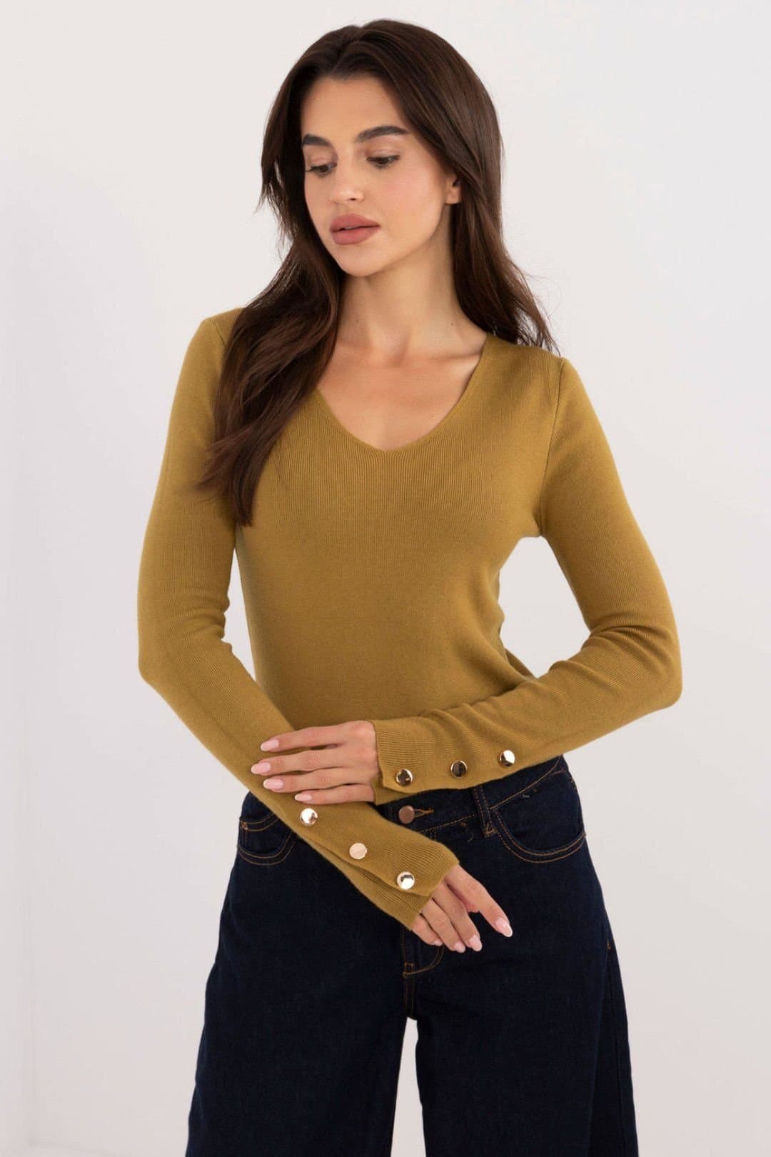 Love Lace Love Lace Women's V Neck Long Sleeve Casual Work Sweater in Mustard