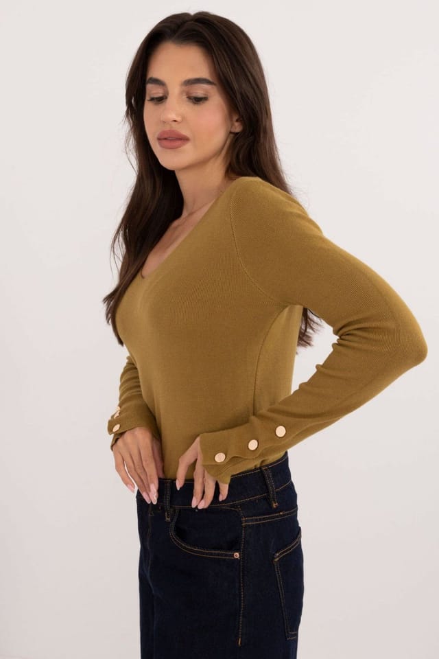 Love Lace Love Lace Women's V Neck Long Sleeve Casual Work Sweater in Mustard - 2
