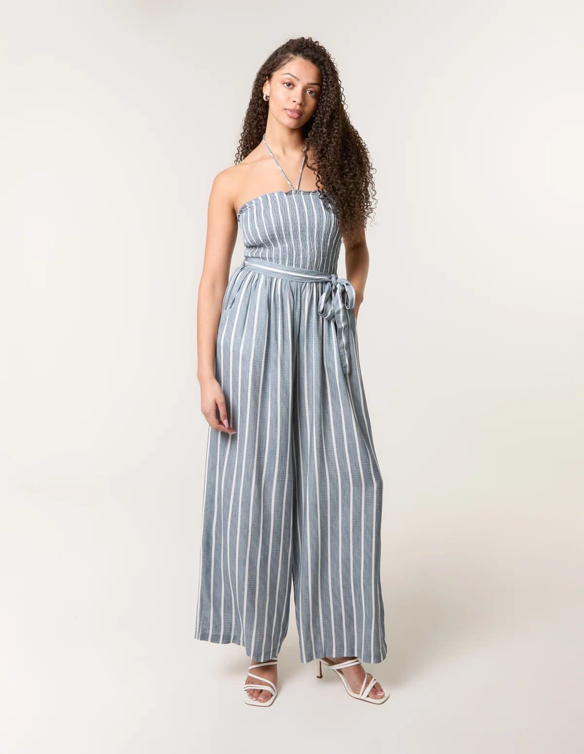 Blue Vanilla Shirred Tie Neck Jumpsuit