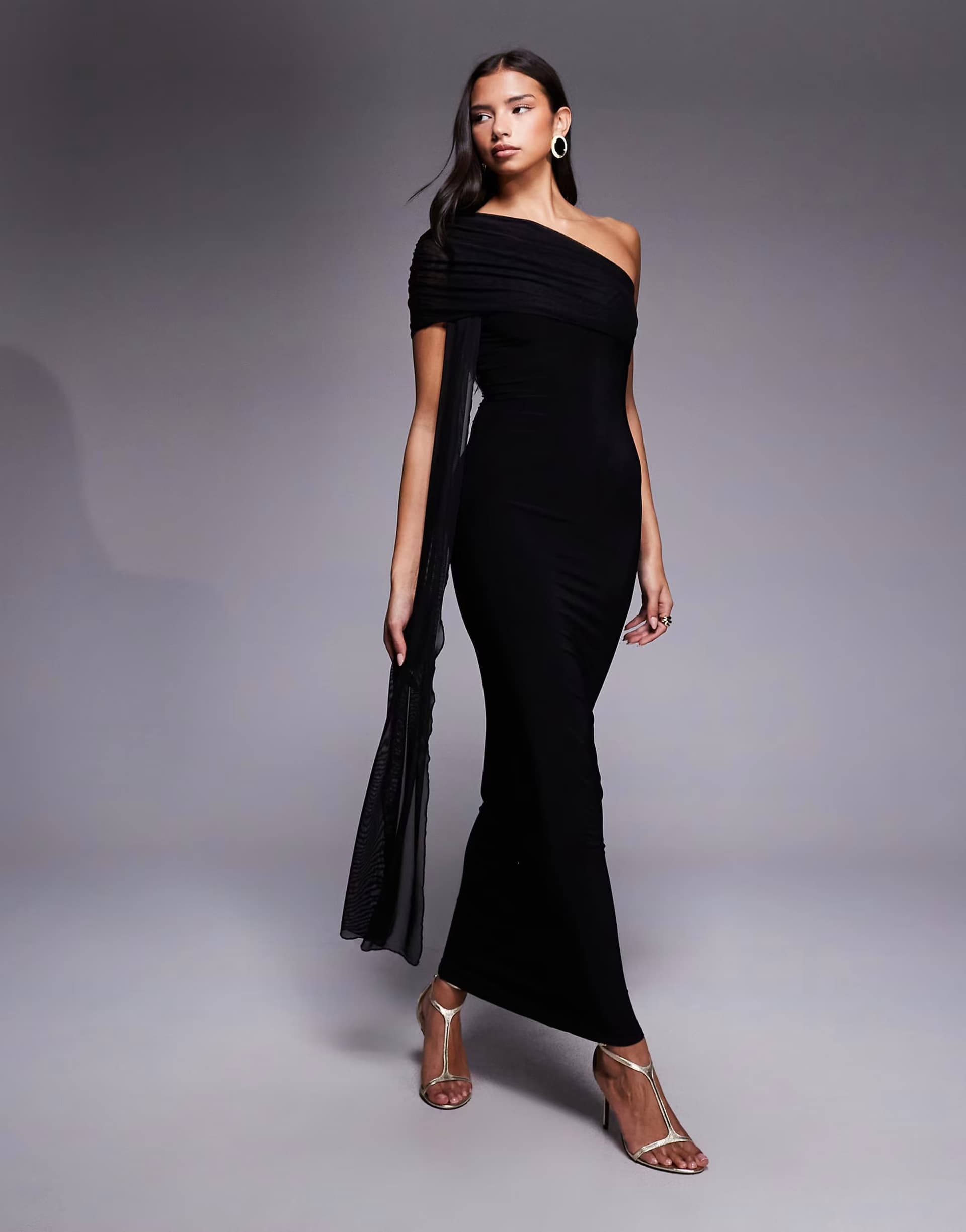 ASOS Kaiia exclusive double layered slinky mesh one shoulder drape detail maxi dress in black