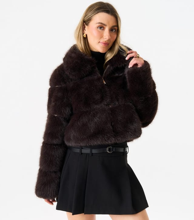 Gini London Women's Brown Faux Fur Crop Jacket Gini London New Look - 3