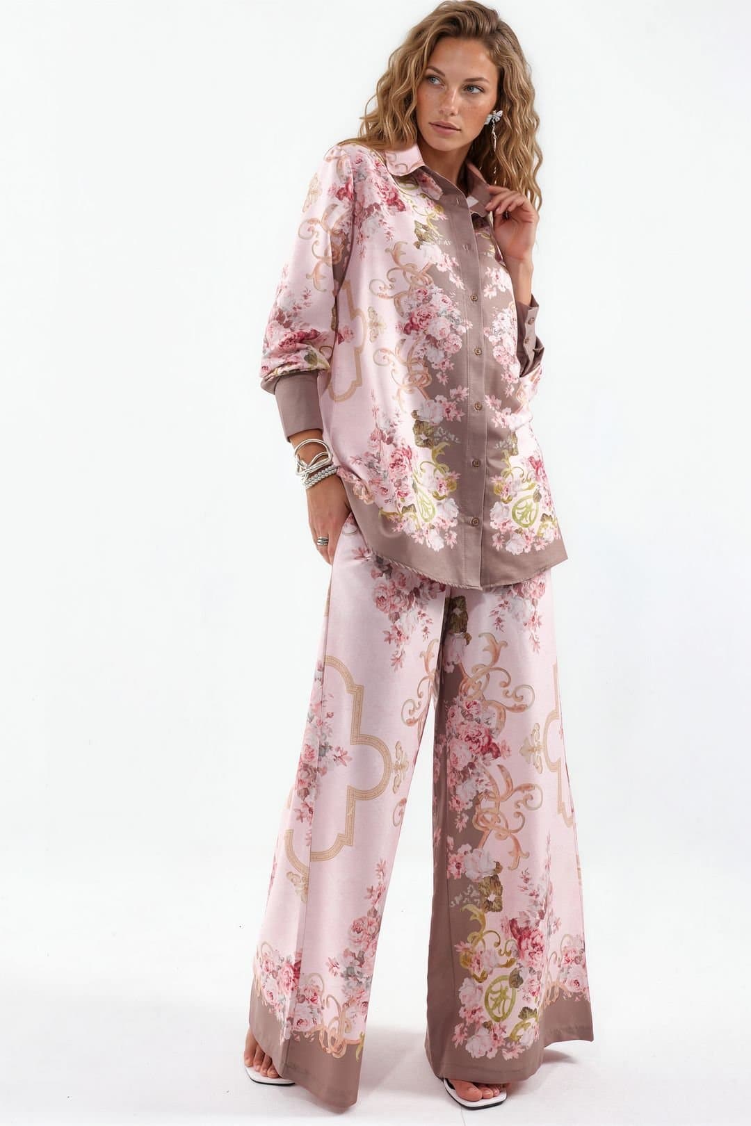 MSN Collection MSN Collection Women's Floral Satin Shirt & Wide-Leg Pants Set