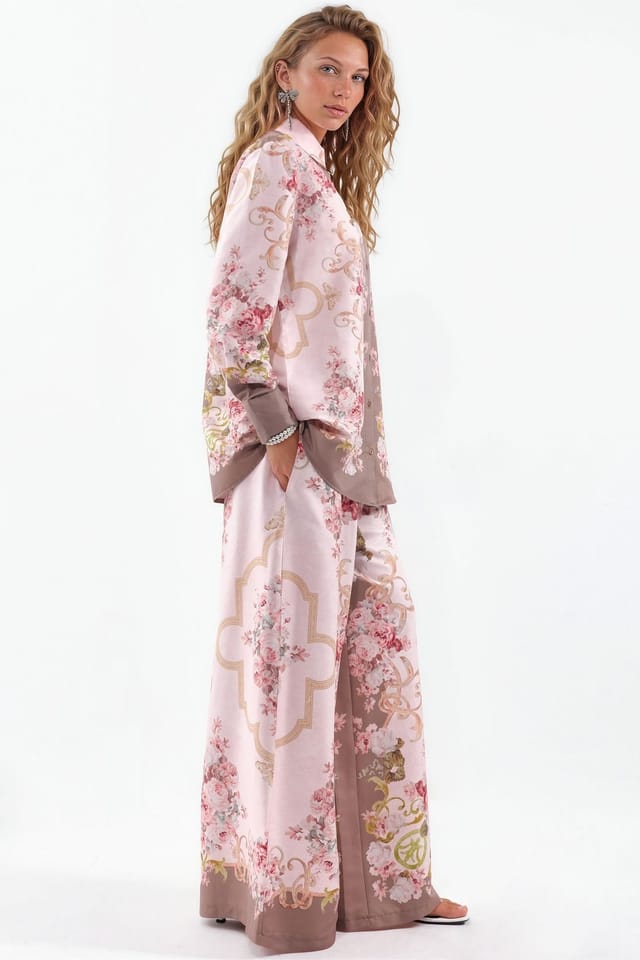 MSN Collection MSN Collection Women's Floral Satin Shirt & Wide-Leg Pants Set - 2