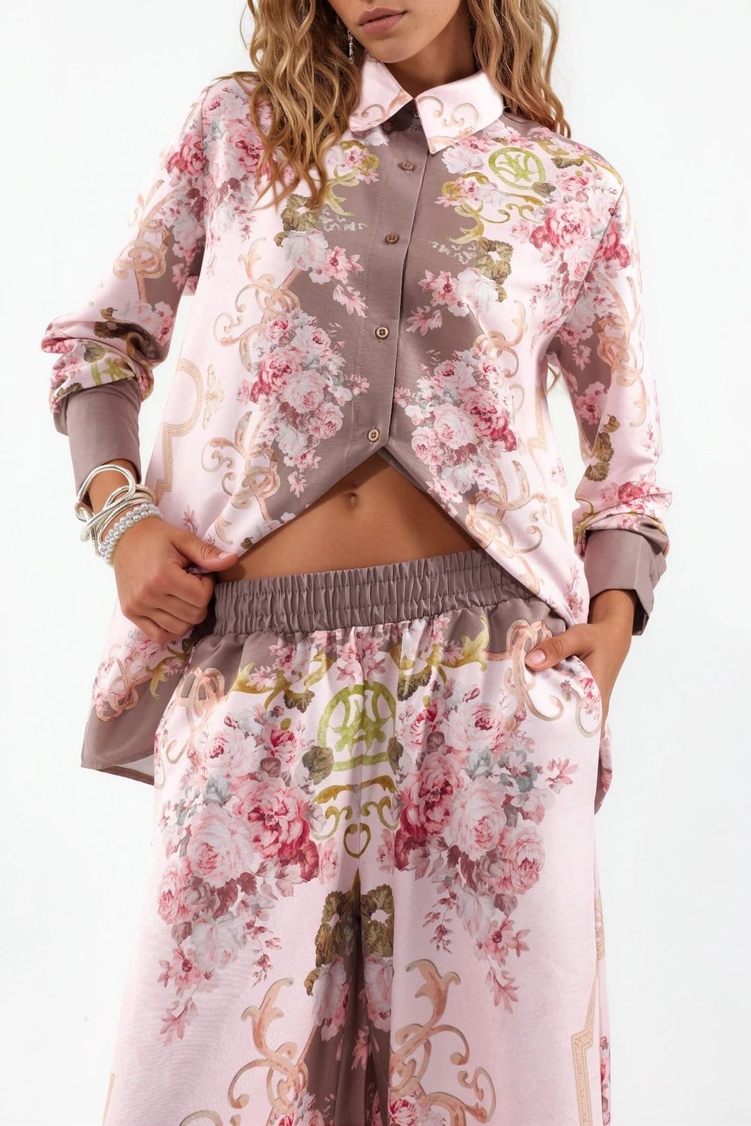 MSN Collection MSN Collection Women's Floral Satin Shirt & Wide-Leg Pants Set - 4
