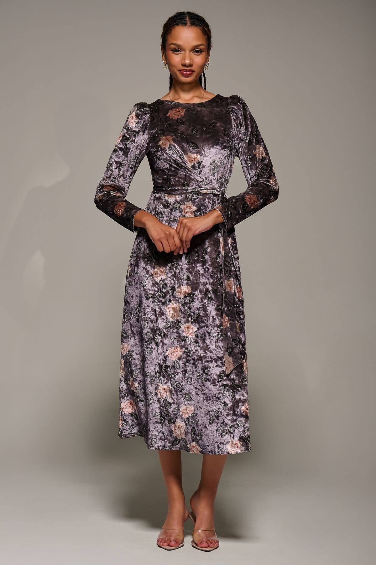 Jolie Moi Jolie Moi Women's Long Sleeve Velvet Tie Detail Midi Dress in Mauve - 4