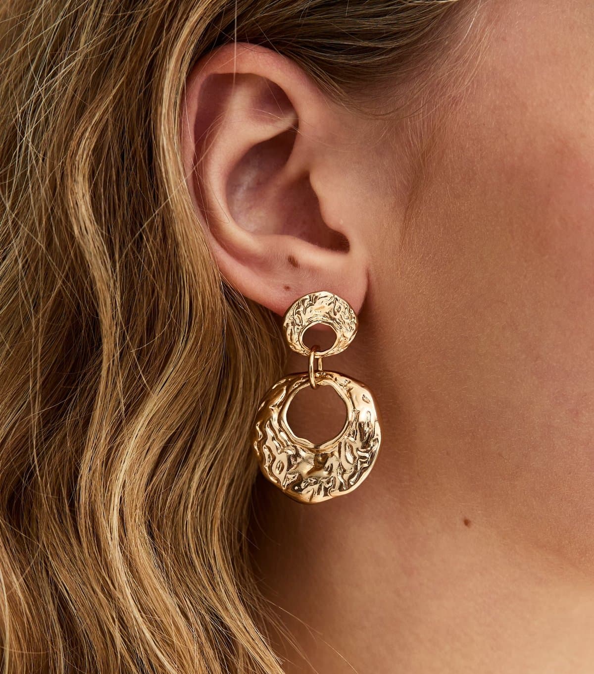 New Look Gold Tone Beaten Circle Drop Earrings New Look