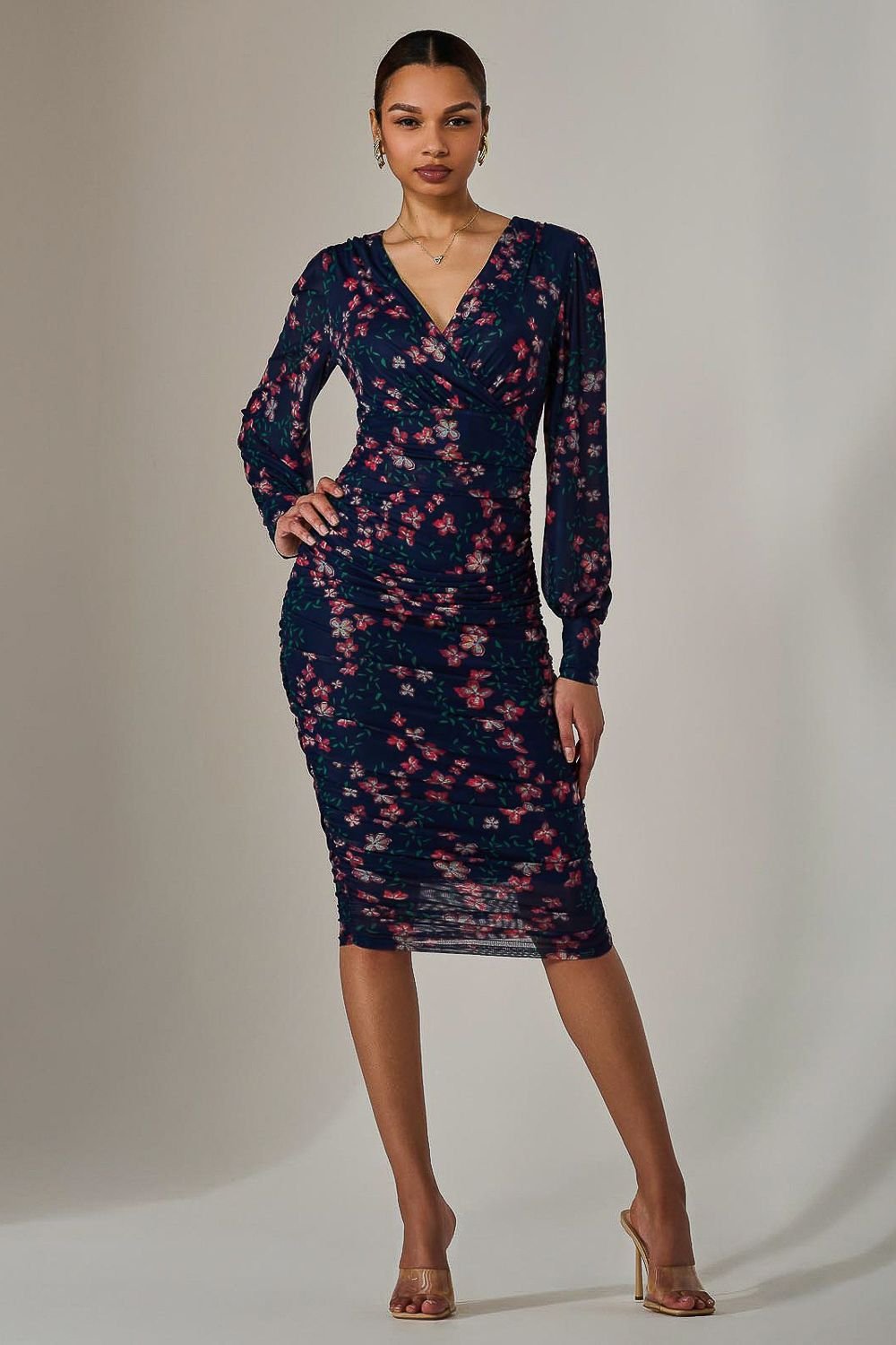 Jolie Moi Jolie Moi Women's Mesh Long Sleeve Ruched Bodycon Dress in Navy - 4