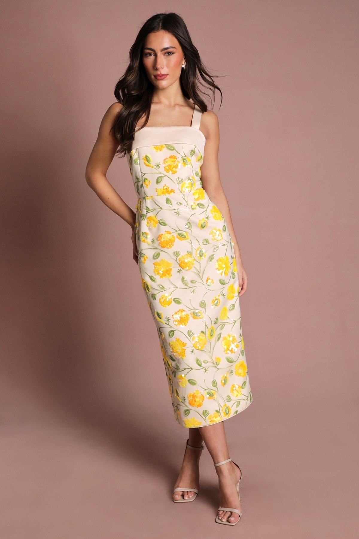 Coast Coast Women's Yellow Sequin Floral Pencil Dress
