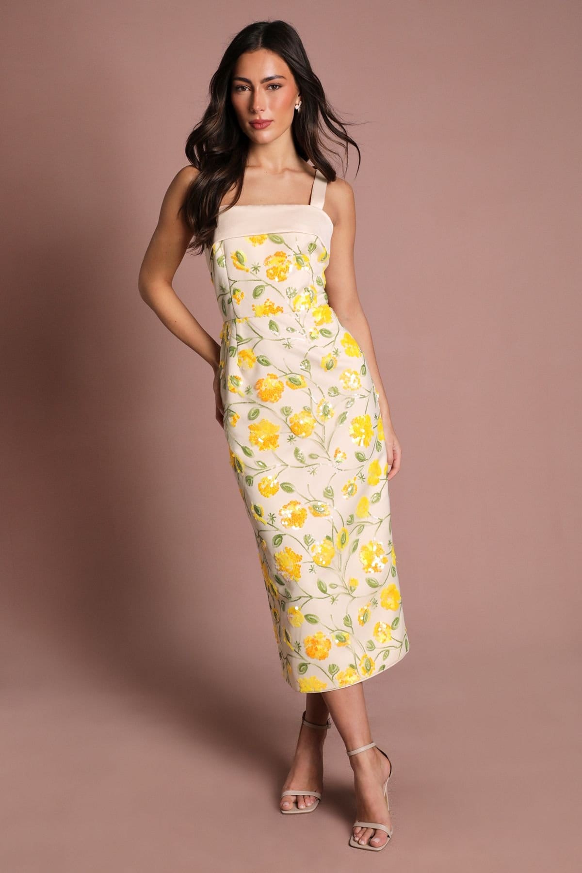 Coast Women's Yellow Sequin Floral Pencil Dress