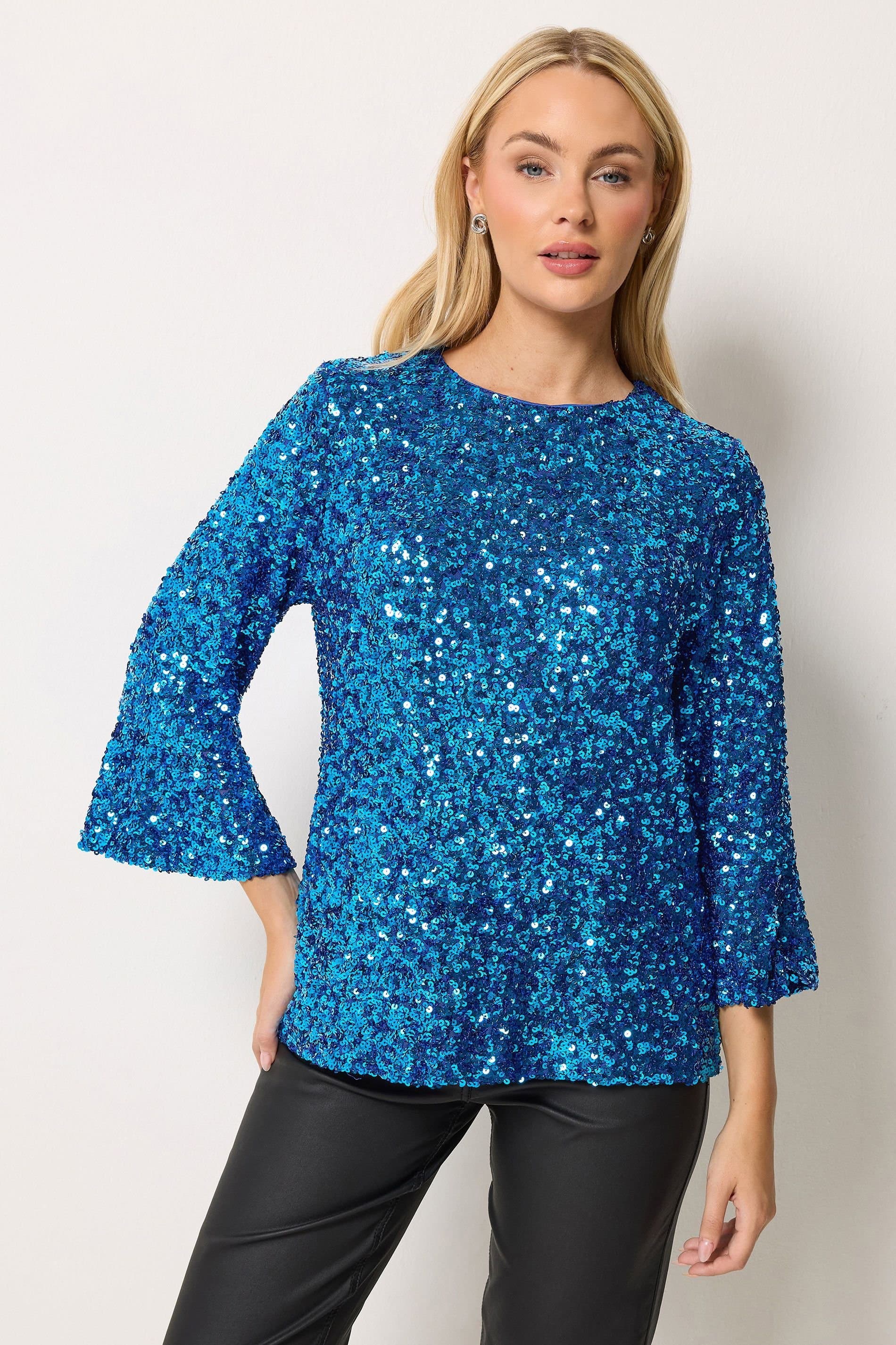 M&Co M&Co Women's Sequin Flute Sleeve Top in Cobalt