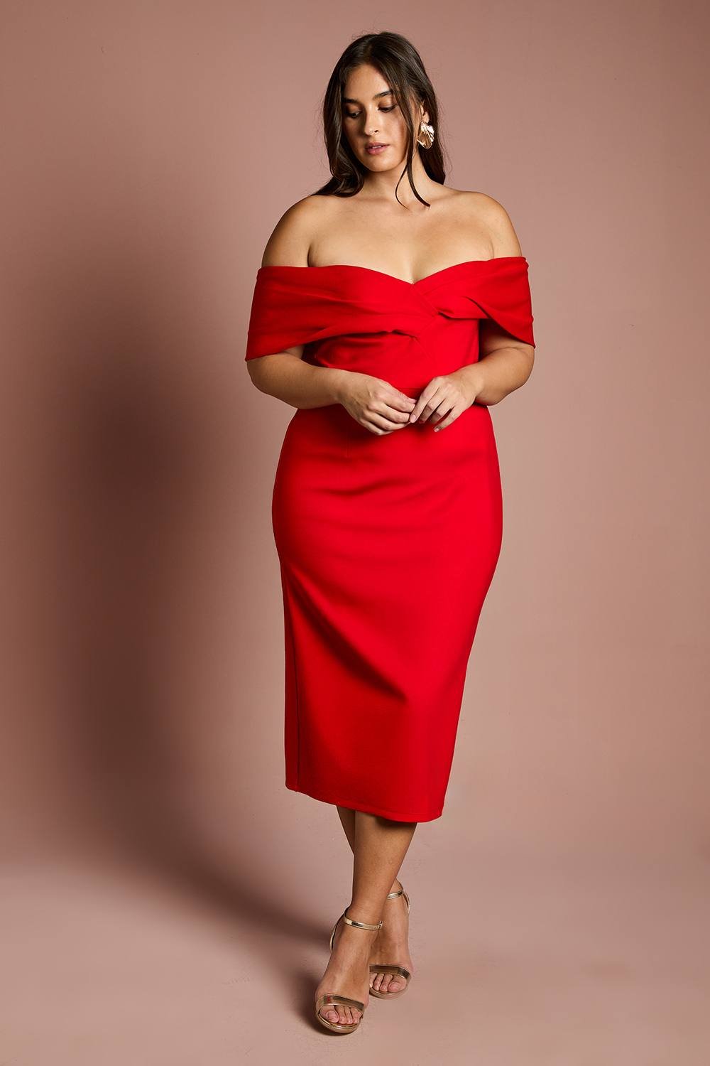 Coast Coast Women's Plus Size Bardot Ponte Column Midi Dress in Red - 1