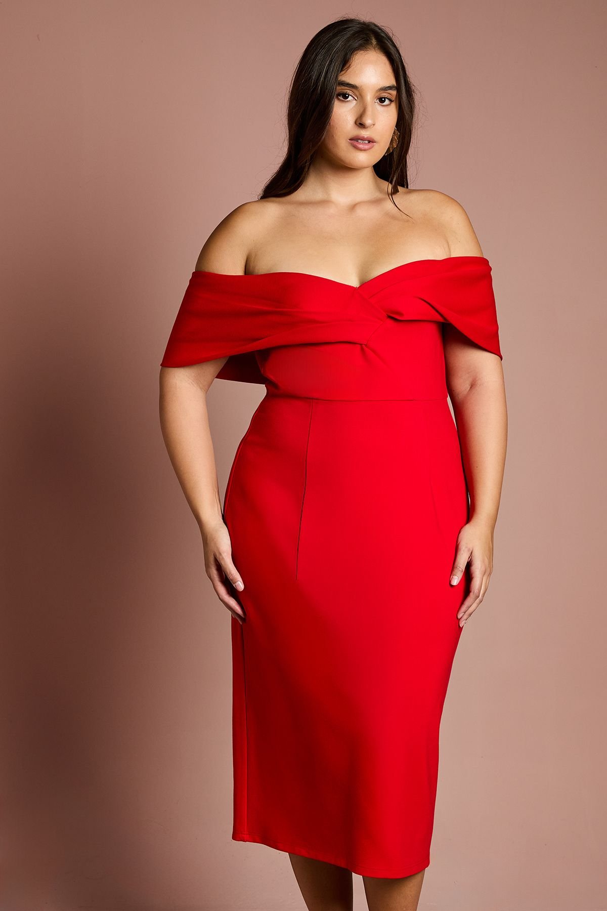 Coast Coast Women's Plus Size Bardot Ponte Column Midi Dress in Red - 4