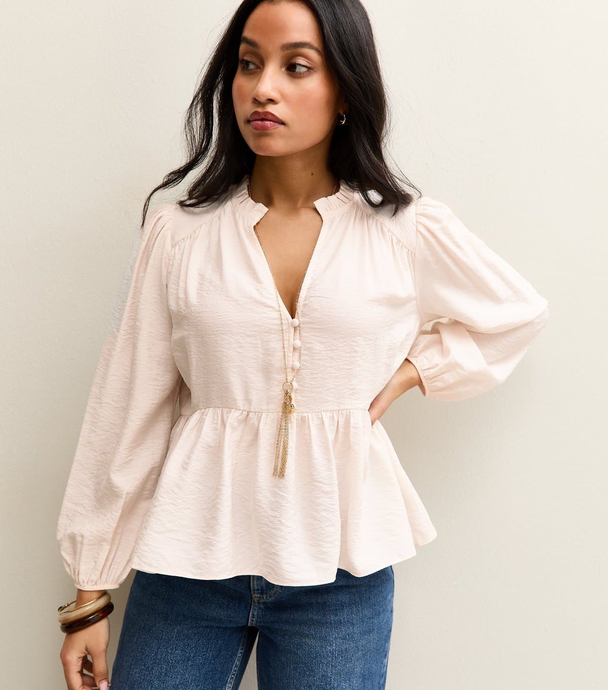 New Look Women's Petite Off White Buttoned Peplum Blouse New Look