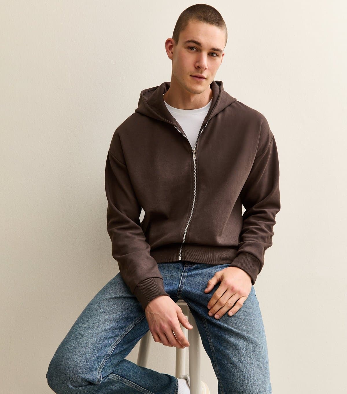 New Look Men's Brown Oversized Zip Through Hoodie New Look