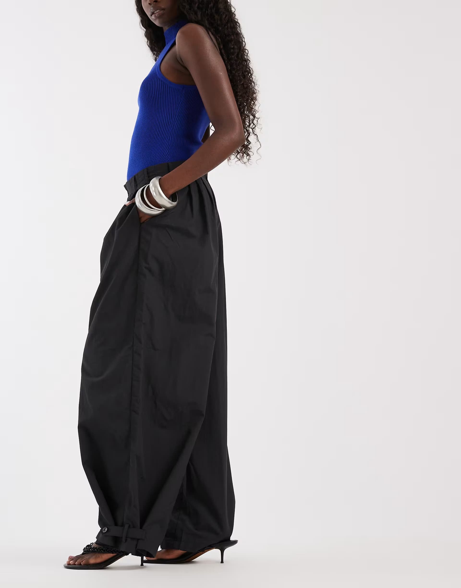 ASOS Noisy May utility wide leg balloon trousers with buttons in charcoal