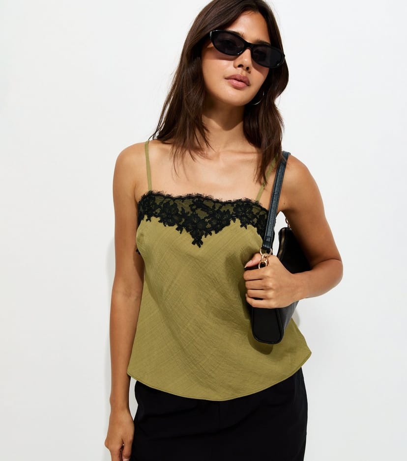 New Look Women's Dark Khaki Woven Lace Trim Cami Top New Look - 1