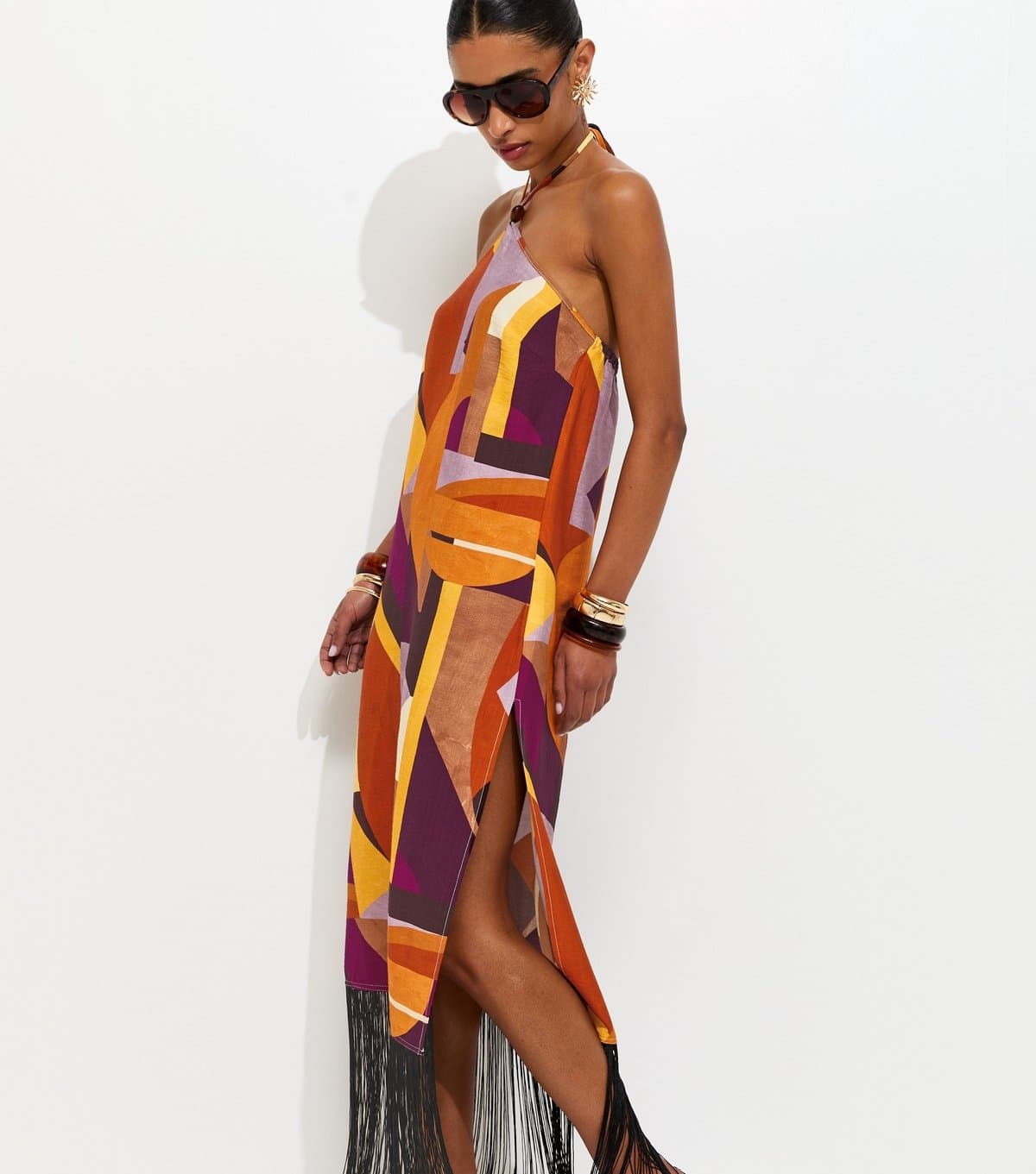 New Look Women's Multicoloured Geometric Print Halter Neck Midi Dress New Look