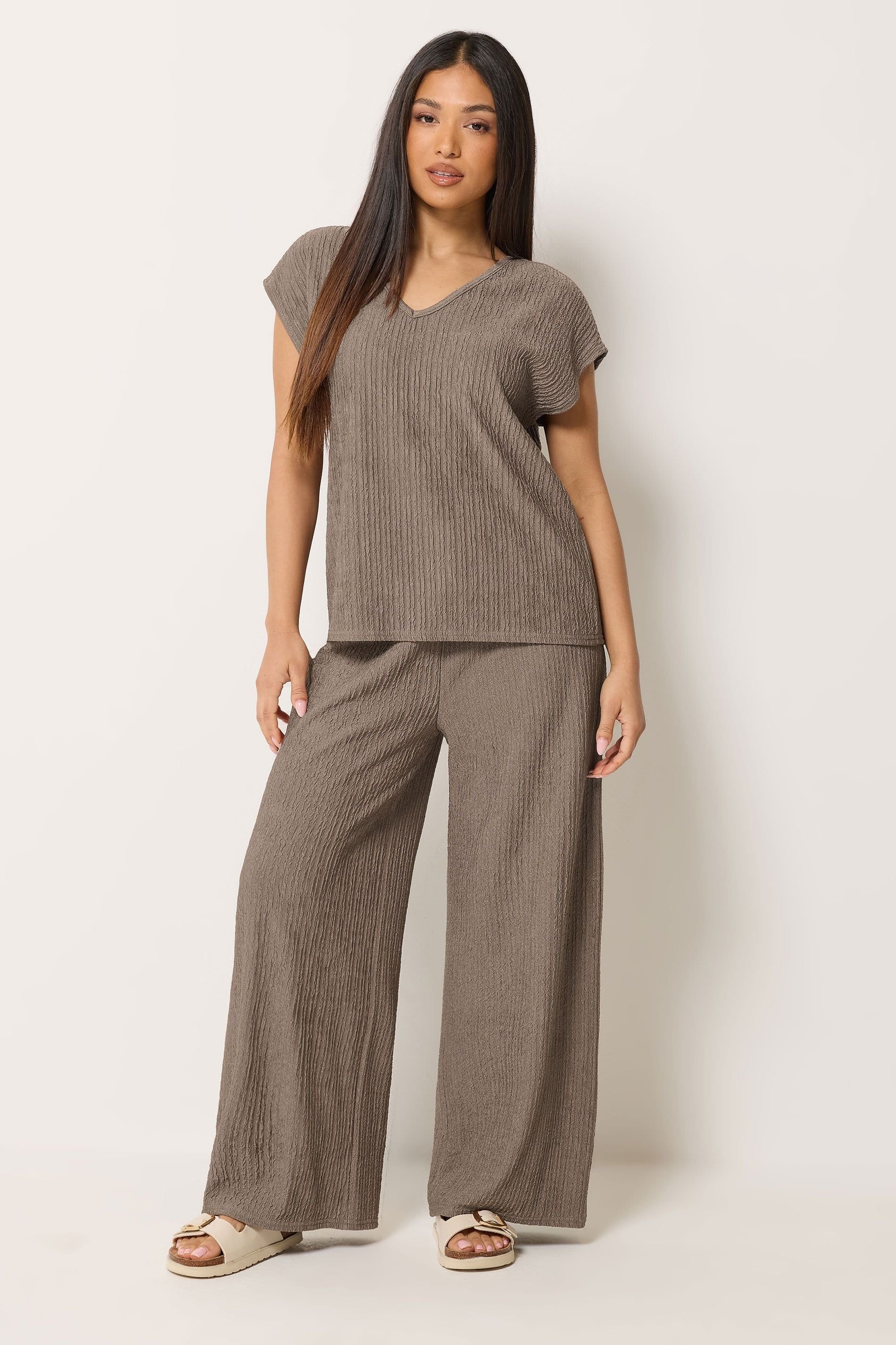 M&Co Women's Petite Textured Top & Trousers Set in Light Brown