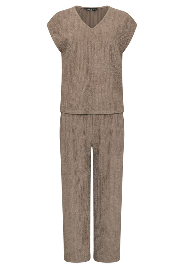 M&Co M&Co Women's Petite Textured Top & Trousers Set in Light Brown - 2